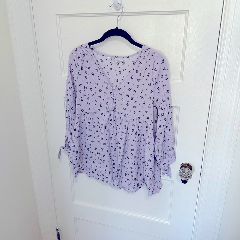 The Nines by HATCH™ Tie 3/4 Sleeve Crepe Maternity Blouse Lilac Floral Print S